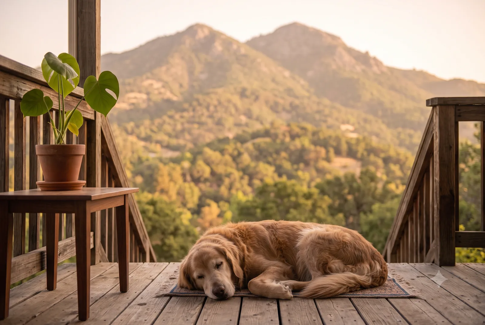 At-home pet euthanasia in Clayton, CA · Pets for Angels A calm senior dog resting peacefully in a Clayton, CA home, with the slopes of Mount Diablo rising beyond the window