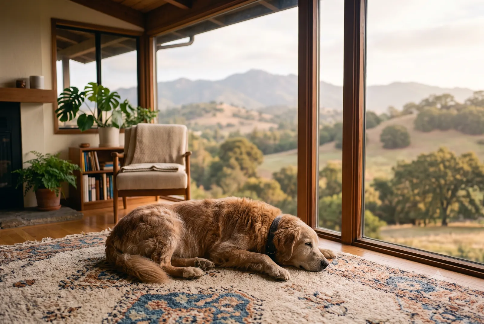 In-home pet euthanasia in El Sobrante, CA · Pets for Angels A peaceful senior dog resting by a window in an El Sobrante, CA home, with oak-studded country hills softly in the background