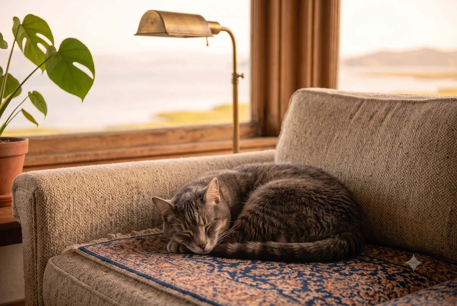 At-home pet euthanasia in Hercules, CA · Pets for Angels A peaceful senior cat curled on a sofa in a Hercules, CA home near the water, with soft San Pablo Bay light beyond the window
