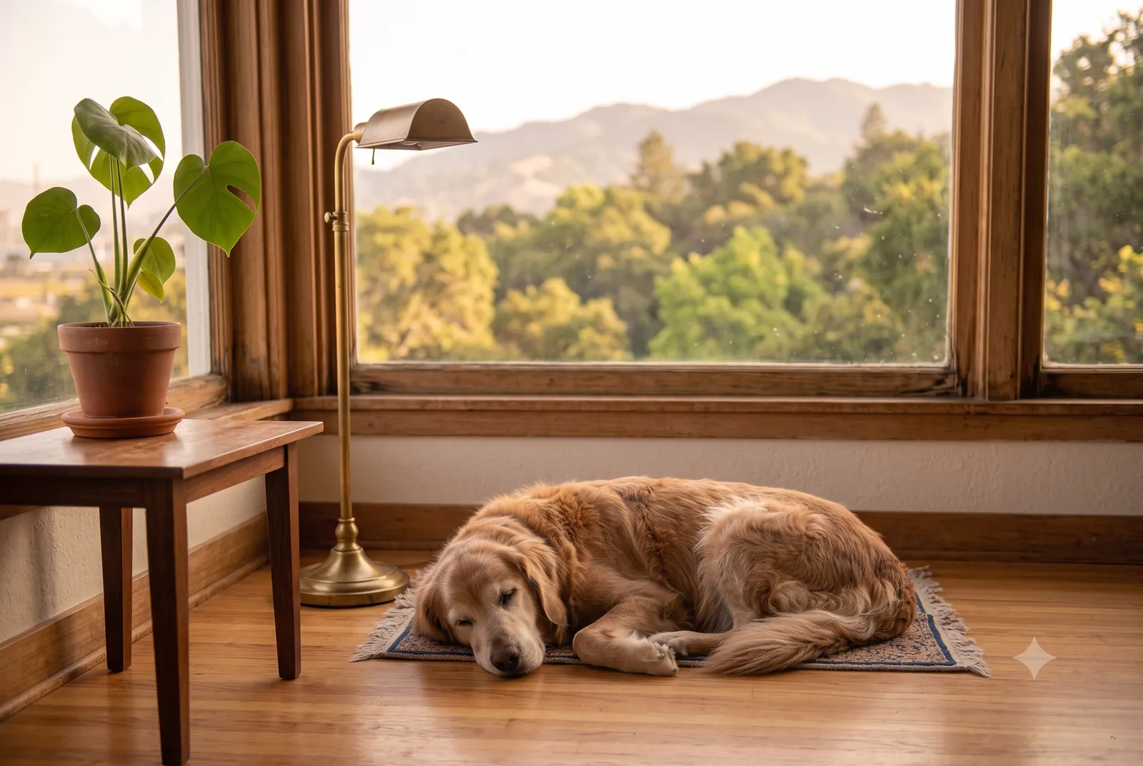 In-home pet euthanasia in Lafayette, CA · Pets for Angels A serene gray-muzzled dog resting on a warm wood floor in a Lafayette, CA home, with leafy oaks and hills beyond the window