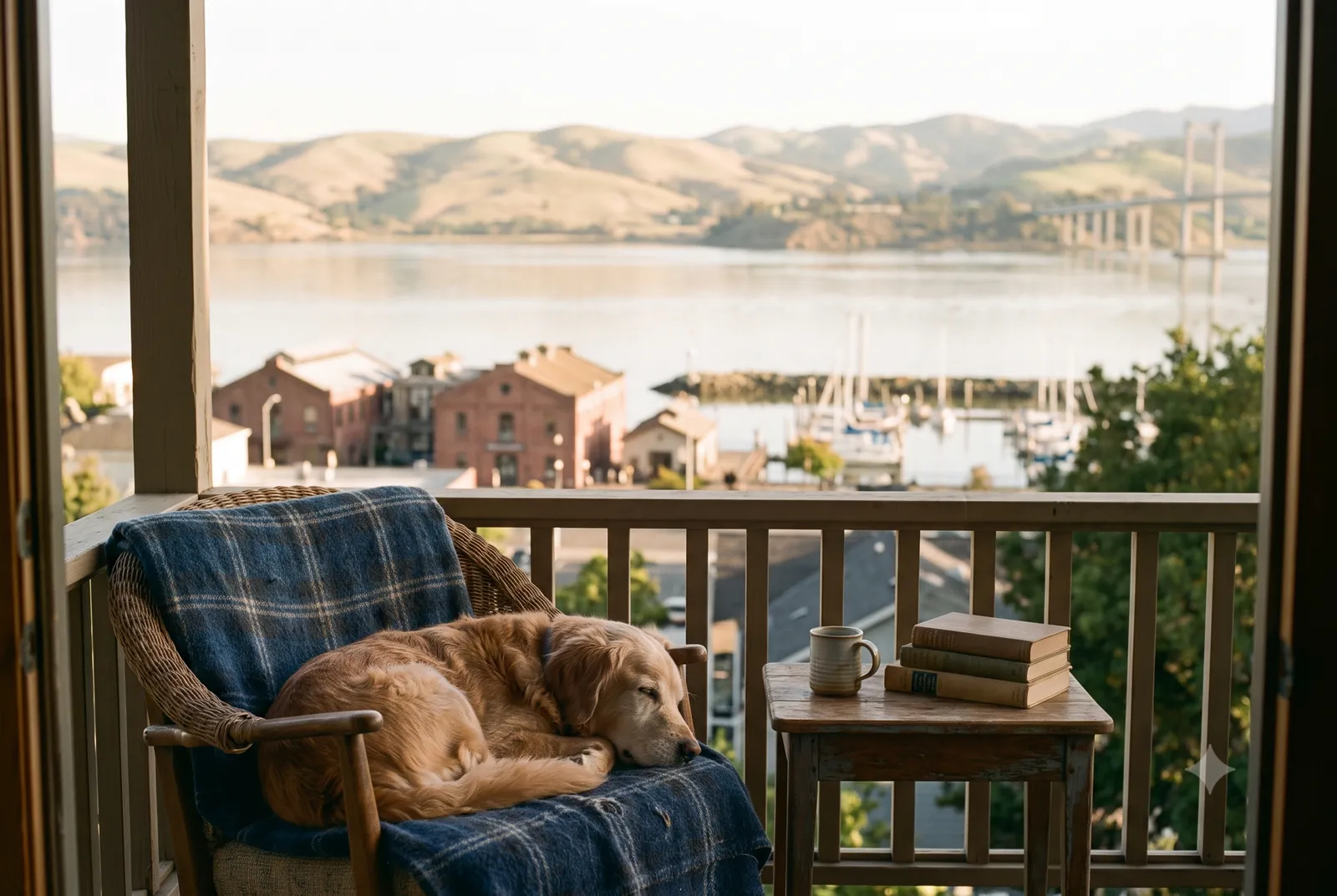 At-home pet euthanasia in Martinez, CA · Pets for Angels An elderly dog dozing peacefully in a Martinez, CA home near the water, with the Carquinez Strait and rolling hills beyond the window