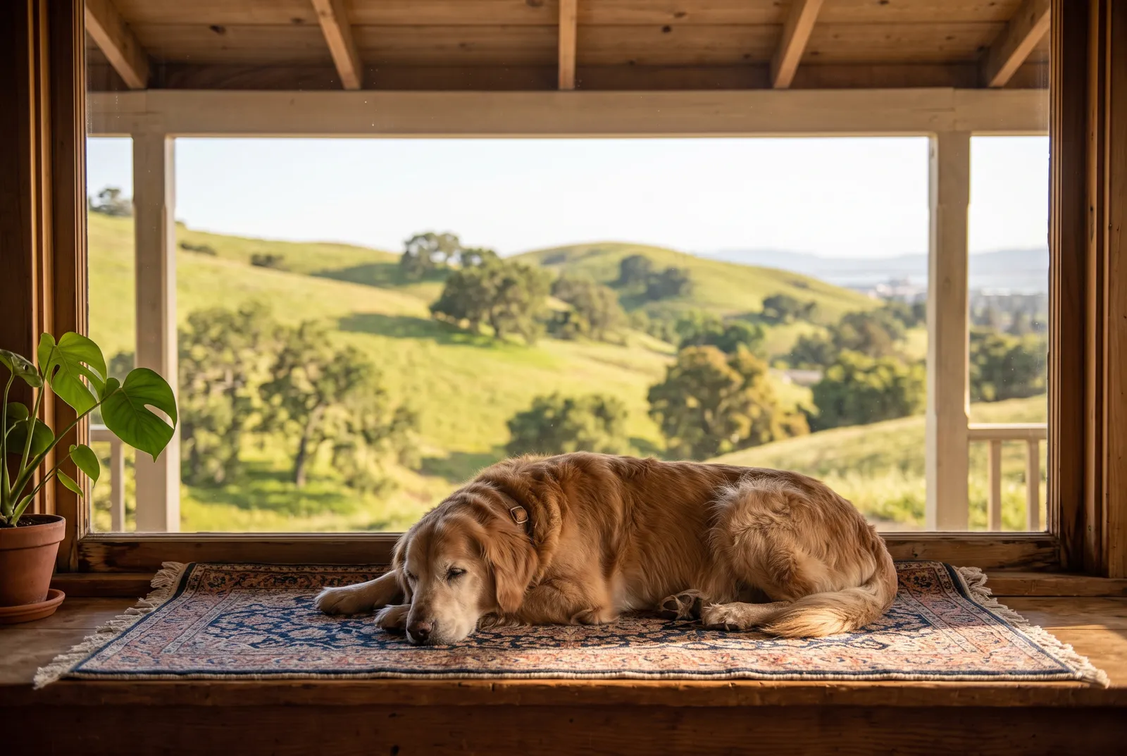 Mobile vet euthanasia in Moraga, CA · Pets for Angels A gentle elderly dog resting on a cozy rug in a Moraga, CA home, with rolling green hills through a sunlit window