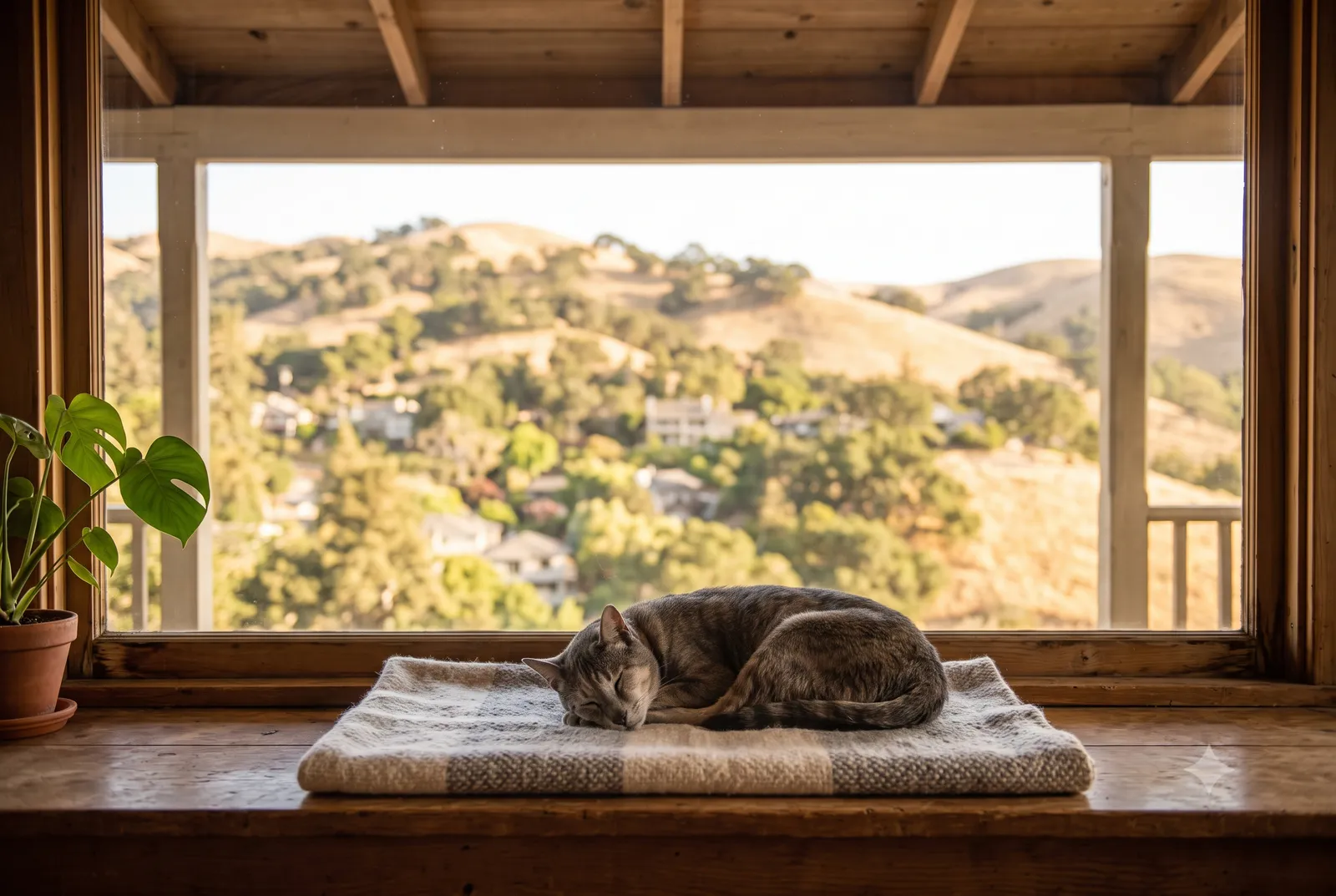 In-home pet euthanasia in Orinda, CA · Pets for Angels A calm senior cat resting on a windowsill in a wooded Orinda, CA home, with the oak-covered Lamorinda hills softly beyond the glass