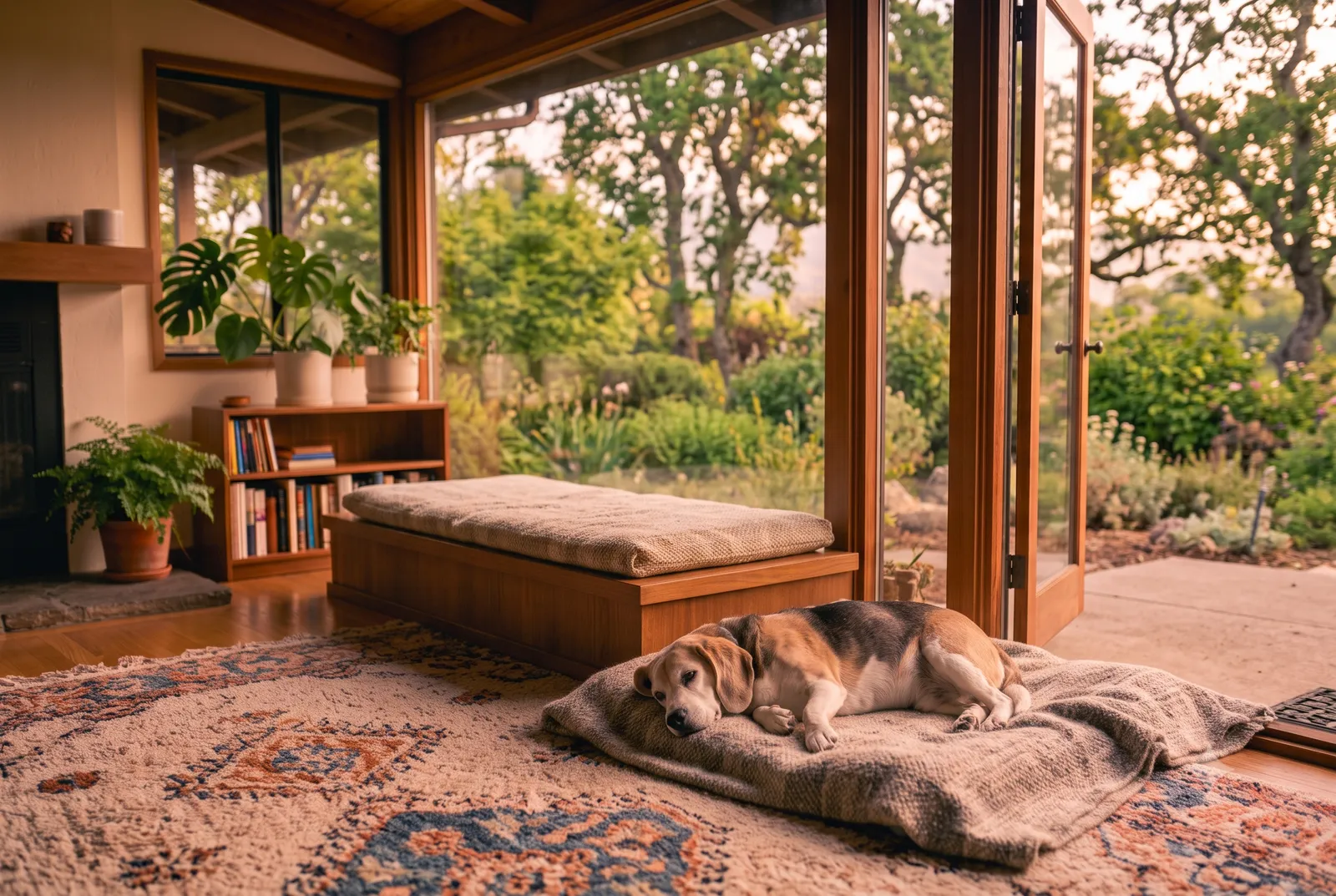 In-home pet euthanasia in Pleasant Hill, CA · Pets for Angels A content senior dog resting in a sunny Pleasant Hill, CA living room, with a leafy green garden visible through the window