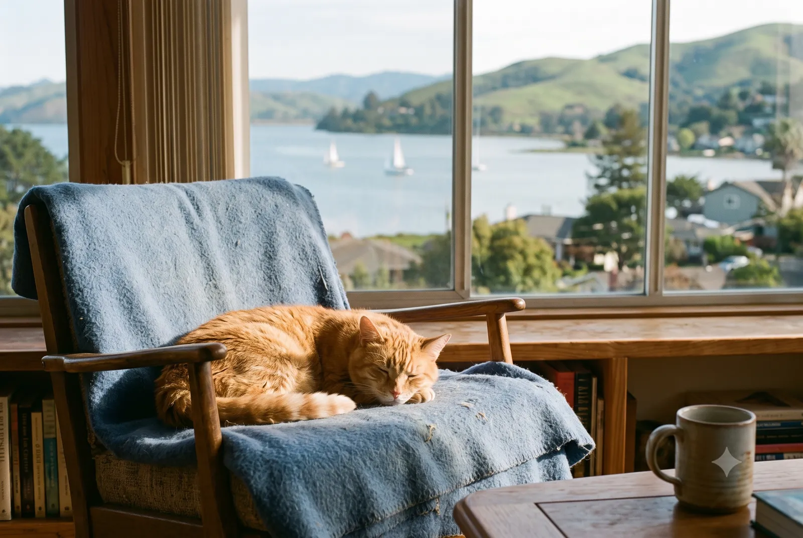 In-home pet euthanasia in San Pablo, CA · Pets for Angels A content older cat resting in a sunny San Pablo, CA living room, with a quiet West County neighborhood and the distant bay beyond the window