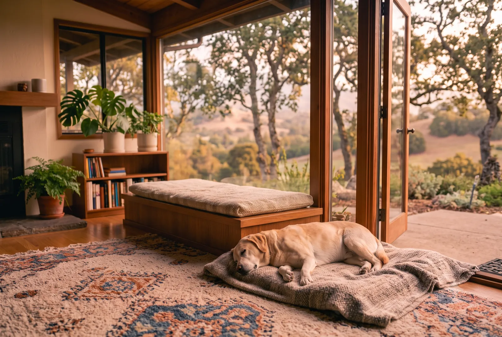 In-home pet euthanasia in Walnut Creek, CA · Pets for Angels A calm elderly cat resting on a cozy window seat in a Walnut Creek, CA home, with Mount Diablo and leafy trees beyond the glass